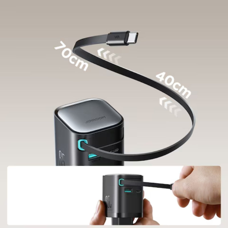 Joyroom JR-TCL02EU 65W GaN Charger with Retractable USB-C Cable, Dual-Port USB-A & USB-C, PD 3.0 Fast Charging, Compatible with Laptops & Smartphones