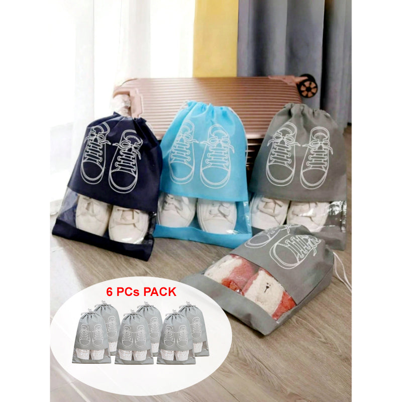 Pack of 6 Travel Shoe Storage Bags – Waterproof, Dustproof, Non-Woven Fabric with Transparent Window & Drawstring Closure