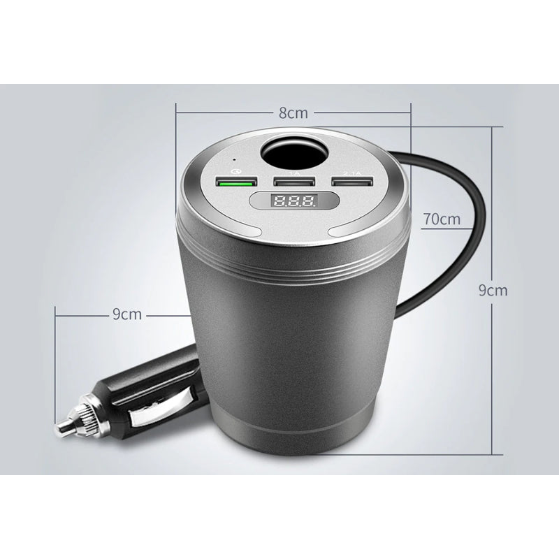 Car Cup Holder Power Adapter with Bluetooth FM Transmitter, LED Display & 3 USB Charging Ports