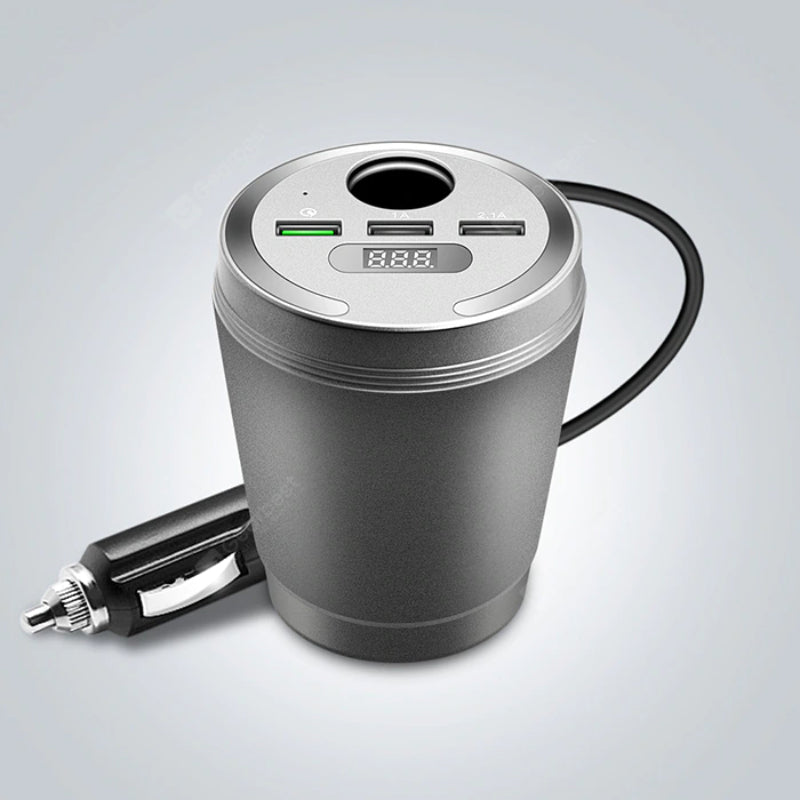 Car Cup Holder Power Adapter with Bluetooth FM Transmitter, LED Display & 3 USB Charging Ports