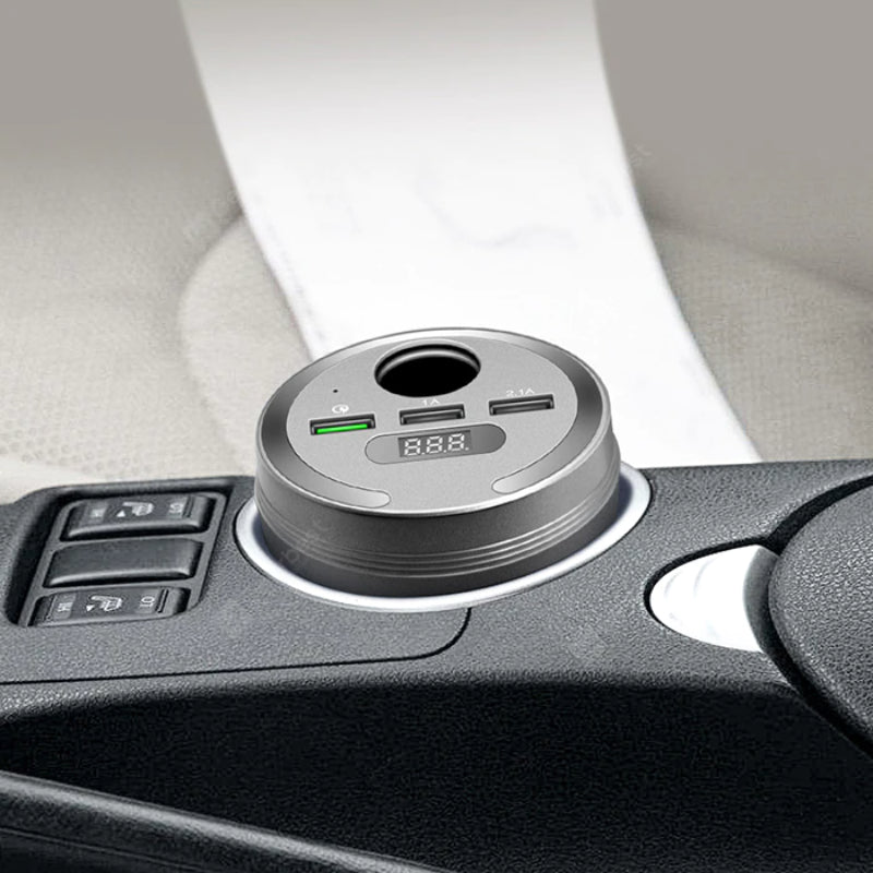 Car Cup Holder Power Adapter with Bluetooth FM Transmitter, LED Display & 3 USB Charging Ports