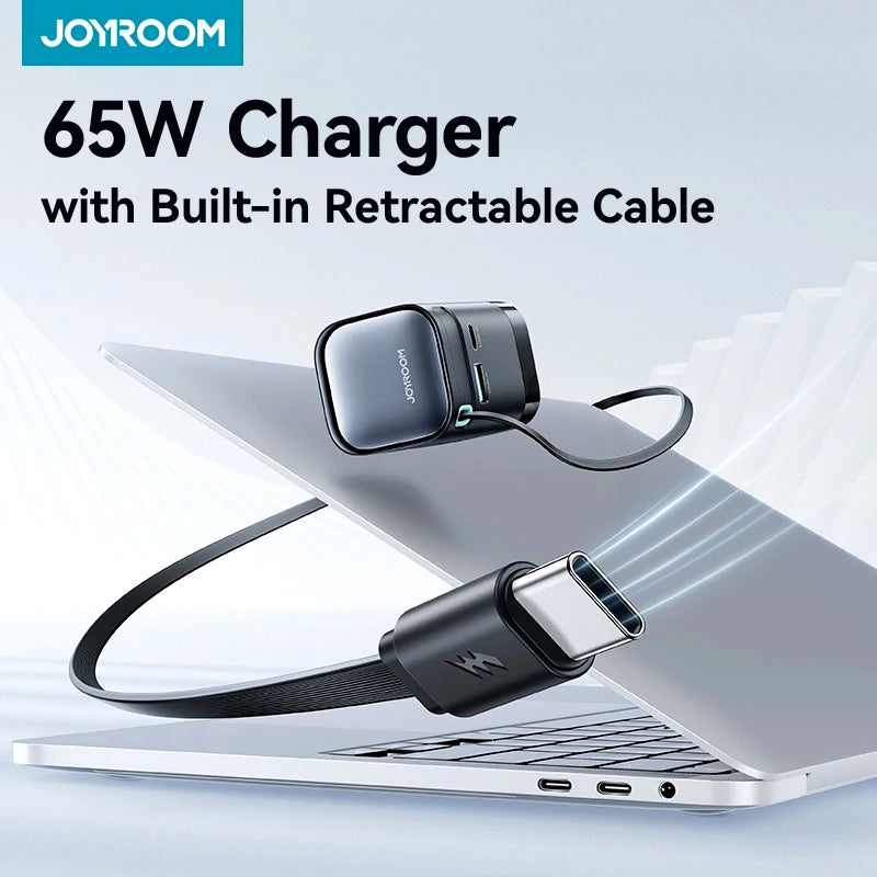Joyroom JR-TCL02EU 65W GaN Charger with Retractable USB-C Cable, Dual-Port USB-A & USB-C, PD 3.0 Fast Charging, Compatible with Laptops & Smartphones