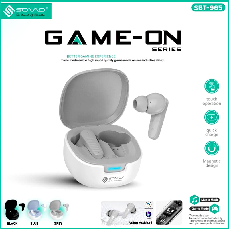 SOVO SBT-965 Game-On Series Bluetooth 5.3, ENC Noise Cancellation, Long Battery Life and Low Latency Gaming Mode Wireless Earbuds