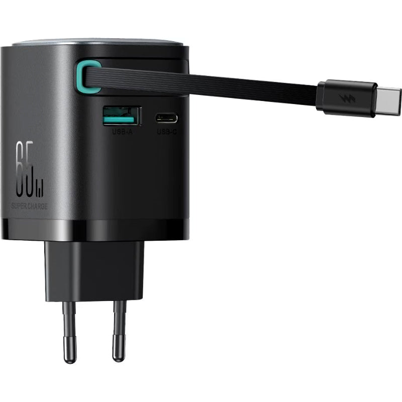 Joyroom JR-TCL02EU 65W GaN Charger with Retractable USB-C Cable, Dual-Port USB-A & USB-C, PD 3.0 Fast Charging, Compatible with Laptops & Smartphones