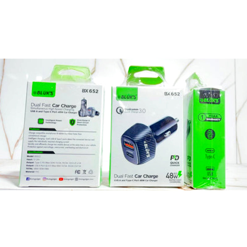 BLUK’S BX-652 Compact 48W Car Charger – Dual Port Fast Charging with Smart Safety Chips