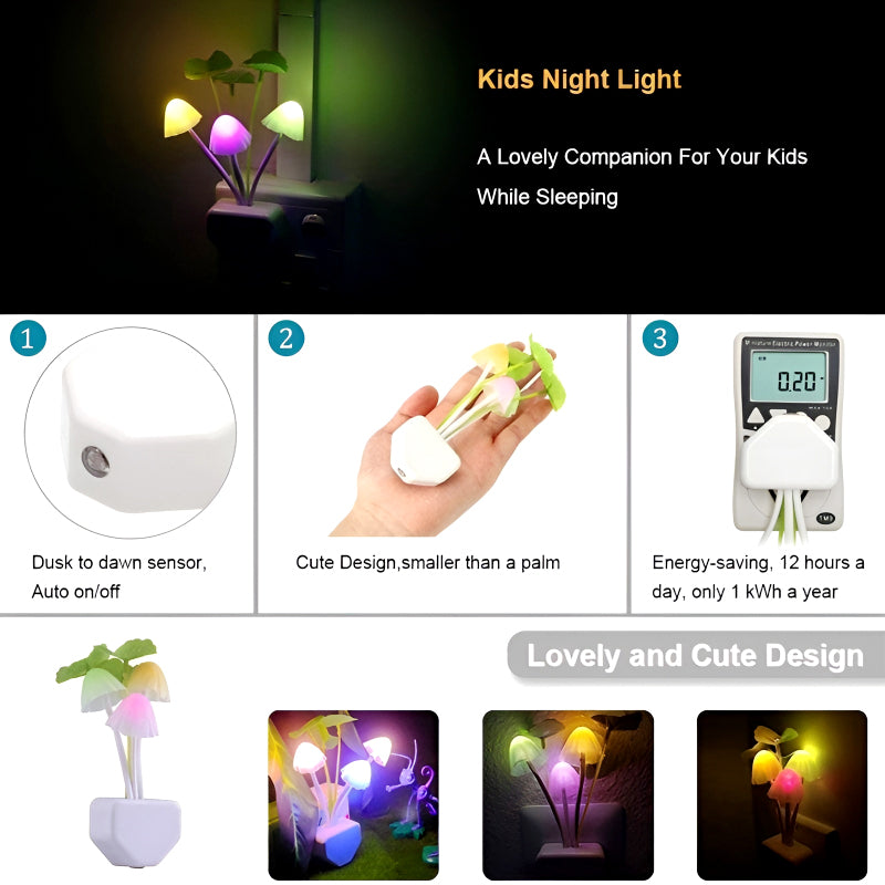 Automatic LED Mushroom Night Light – Color-Changing Sensor Lamp with Dusk-to-Dawn Auto On/Off, Plug-in Night Light for Kids Room, Nursery, Bedroom & Home Decor