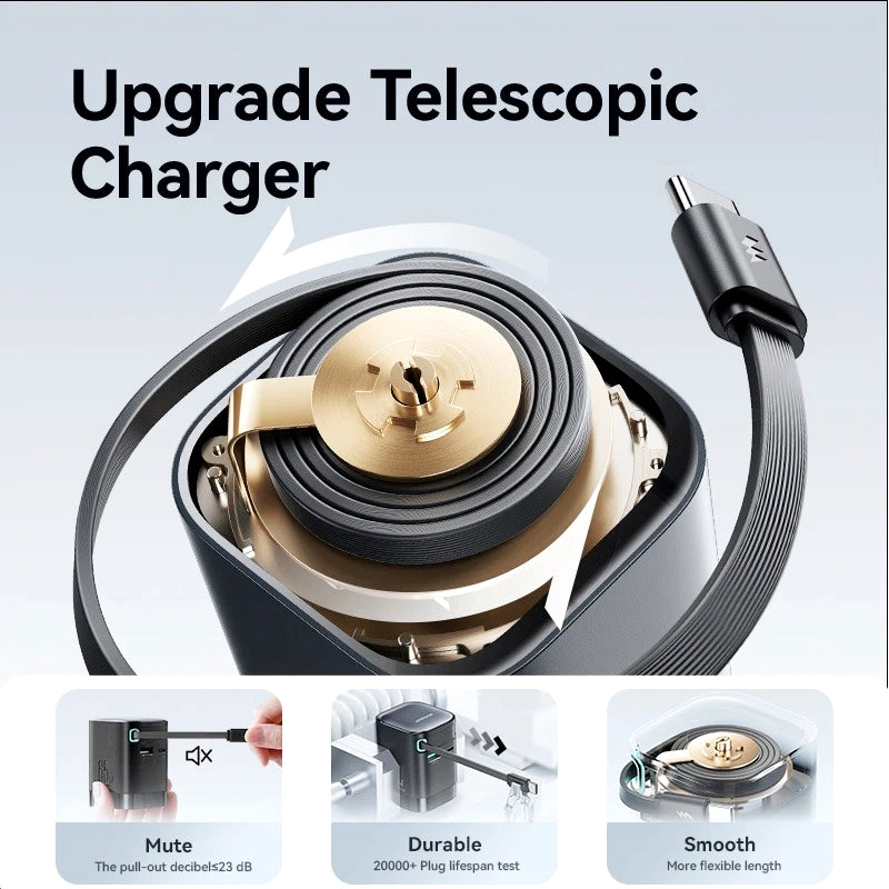 Joyroom JR-TCL02EU 65W GaN Charger with Retractable USB-C Cable, Dual-Port USB-A & USB-C, PD 3.0 Fast Charging, Compatible with Laptops & Smartphones