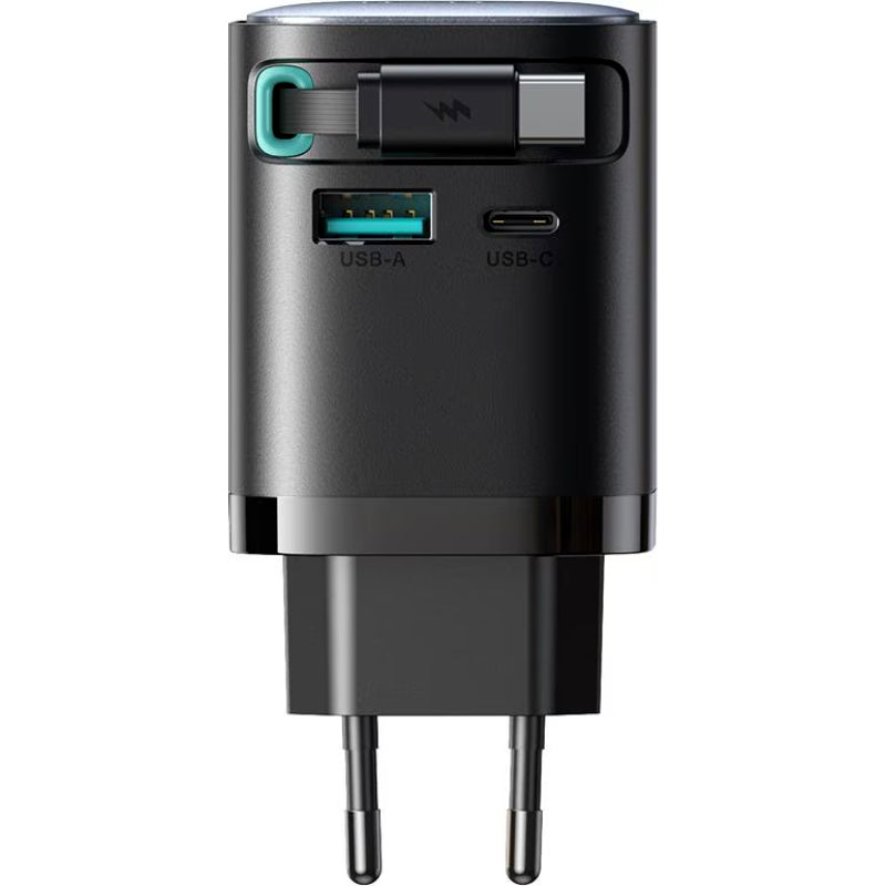 Joyroom JR-TCL02EU 65W GaN Charger with Retractable USB-C Cable, Dual-Port USB-A & USB-C, PD 3.0 Fast Charging, Compatible with Laptops & Smartphones