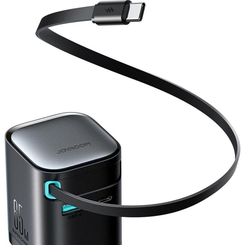 Joyroom JR-TCL02EU 65W GaN Charger with Retractable USB-C Cable, Dual-Port USB-A & USB-C, PD 3.0 Fast Charging, Compatible with Laptops & Smartphones