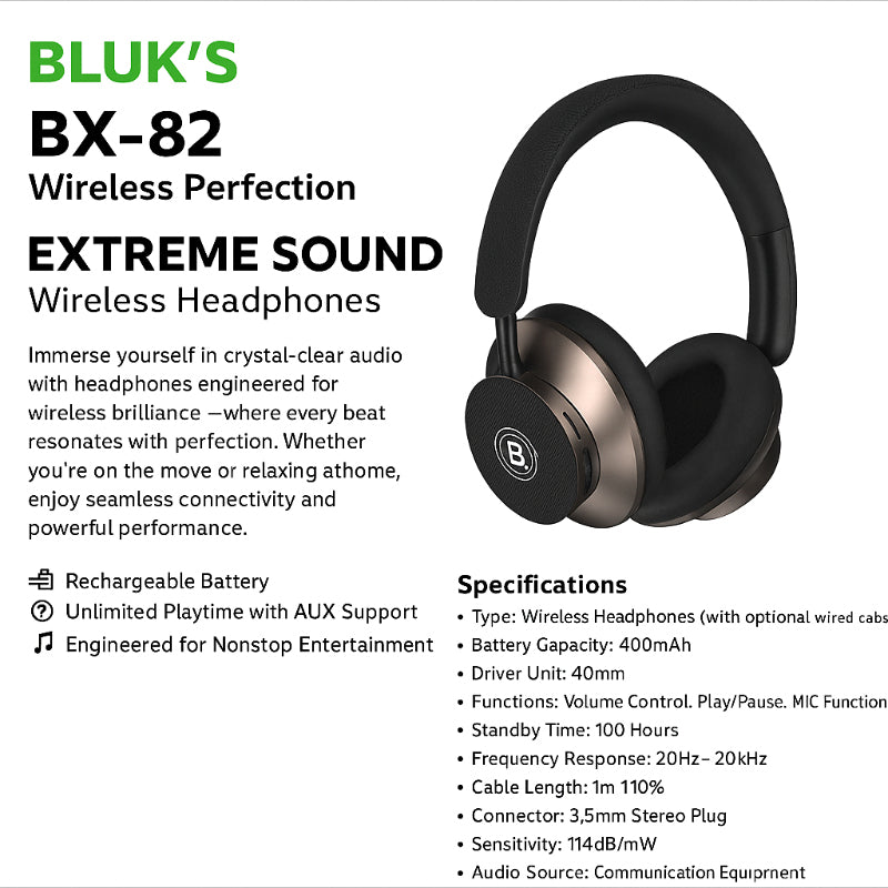 BLUK’S BX-82 Wireless Headphones–Extreme Sound Quality, Stylish Design & Endless Entertainment