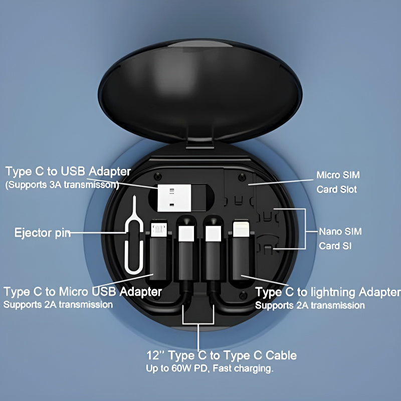 60W Multifunctional Fast Charging Data Cable Set – Portable 5-in-1 Charging Solution