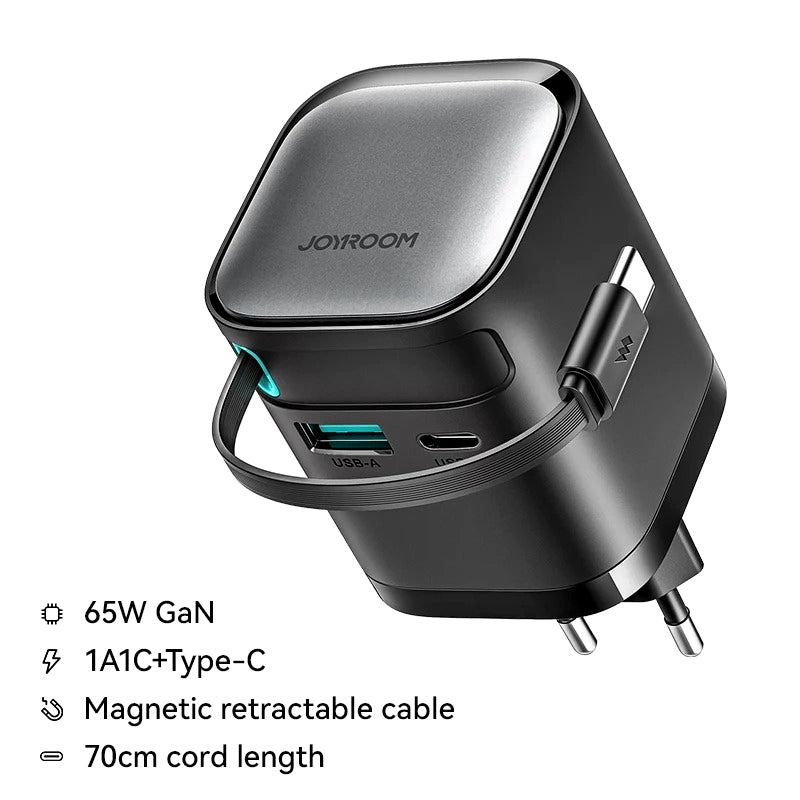 Joyroom JR-TCL02EU 65W GaN Charger with Retractable USB-C Cable, Dual-Port USB-A & USB-C, PD 3.0 Fast Charging, Compatible with Laptops & Smartphones