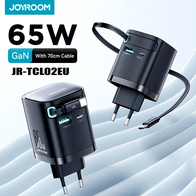 Joyroom JR-TCL02EU 65W GaN Charger with Retractable USB-C Cable, Dual-Port USB-A & USB-C, PD 3.0 Fast Charging, Compatible with Laptops & Smartphones