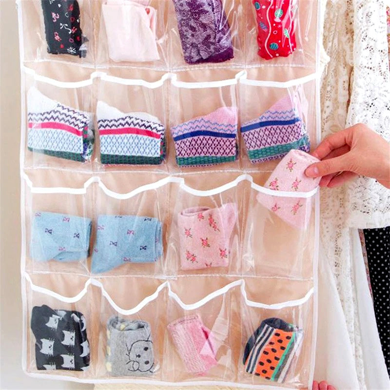 16-Pocket Multifunctional Hanging Organizer – Clear Door/Wall Storage Bag for Baby Clothes, Socks & Accessories