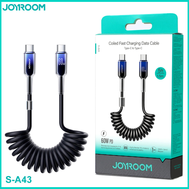 Joyroom S-A43 60W PD Coiled Type-C to Type-C Cable 1.5m Fast Charging Cable with Durable and Flexible Design