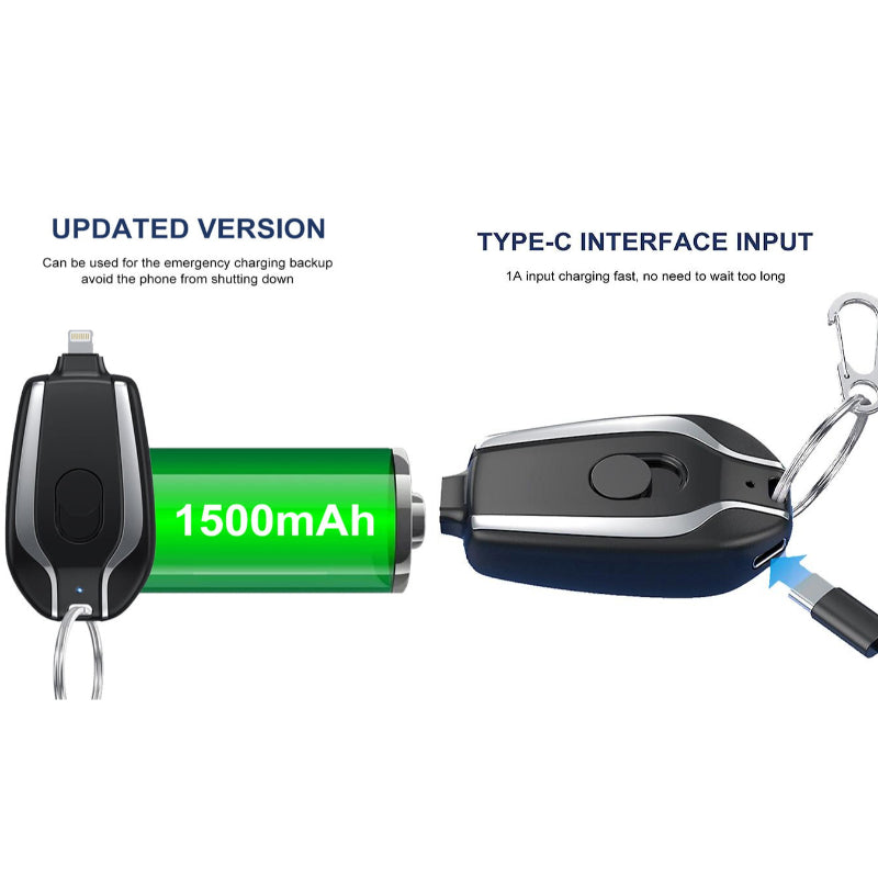 Ultra-Compact 1500mAh Keychain Emergency Charger With Type-C Fast Charging Backup Power Bank For Android And Lightning