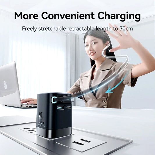 Joyroom JR-TCL02EU 65W GaN Charger with Retractable USB-C Cable, Dual-Port USB-A & USB-C, PD 3.0 Fast Charging, Compatible with Laptops & Smartphones