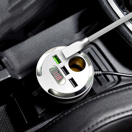 Car Cup Holder Power Adapter with Bluetooth FM Transmitter, LED Display & 3 USB Charging Ports