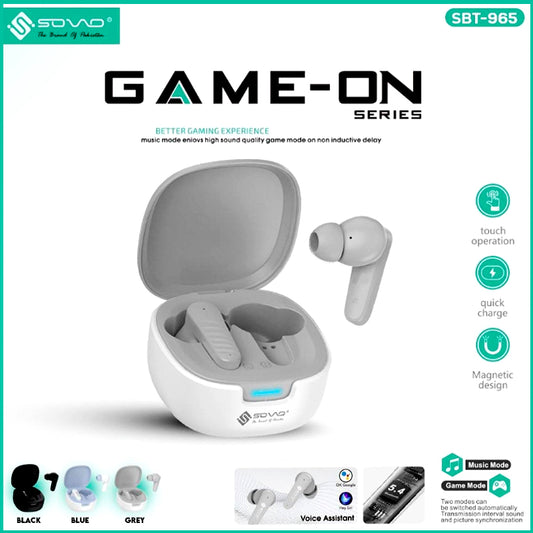 SOVO SBT-965 Game-On Series Bluetooth 5.3, ENC Noise Cancellation, Long Battery Life and Low Latency Gaming Mode Wireless Earbuds